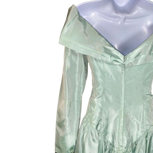 Vintage Light Blue/Teal Off-The-Shoulder Satin Bridesmaid Formal Gown - Picture 4 of 8